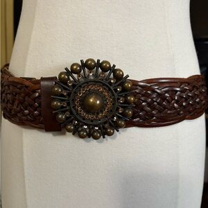 Black & Brown brown leather statement belt. Length is 43 inches. Large buckle.
